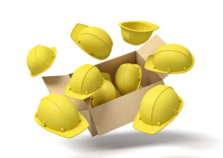 3d rendering of open cardboard box suspended in air with yellow hard hats flying out and around.の写真素材