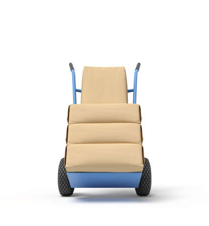 3d rendering of four parcels wrapped in paper on blue hand truck.の写真素材