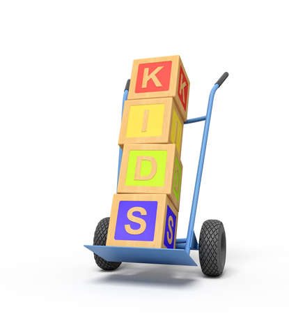 3d rendering of colorful alphabet toy blocks showing PLAY sign on a hand truckの写真素材