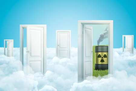 3d rendering of white clouds with open doorways and toxic waste barrel on blue backgroundの写真素材