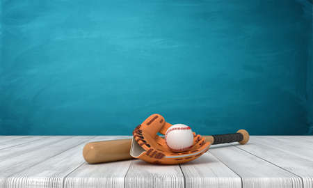 3d rendering of baseball bat, ball and gloves on white wooden floor and dark turquoise background. Games and sports. Outdoor activities. Sporting goods.の写真素材