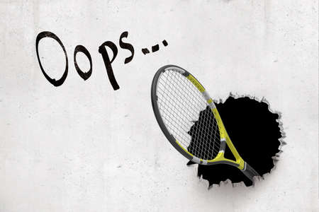 3d rendering of concrete wall with title Oops and tennis racket emerging from hole in the wall.の写真素材