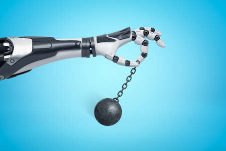 3d rendering of android arm holding small wrecking ball on light blue background.の写真素材