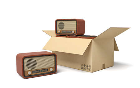3d rendering of old-fashioned radios in carton box. Technology of past. Feeling nostalgic. Garage market.の写真素材