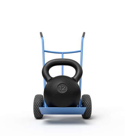 3d rendering of black kettlebell on a hand truck isolated on white backgroundの写真素材