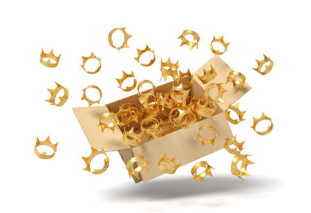 3d rendering of cardboard box in air full of golden crowns which are flying out and floating outside.の写真素材
