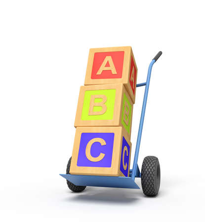 3d rendering of colorful alphabet toy blocks showing ABC sign on a hand truckの写真素材