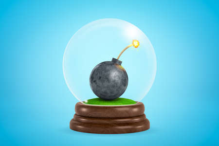 3d rendering of black ball bomb with burning fuse inside snow globe on light blue gradient background.の写真素材