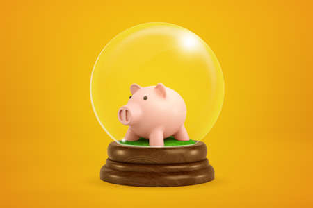 3d rendering of pink piggy bank inside snow globe on amber background. Business and finance. Making money. Saving up.の写真素材