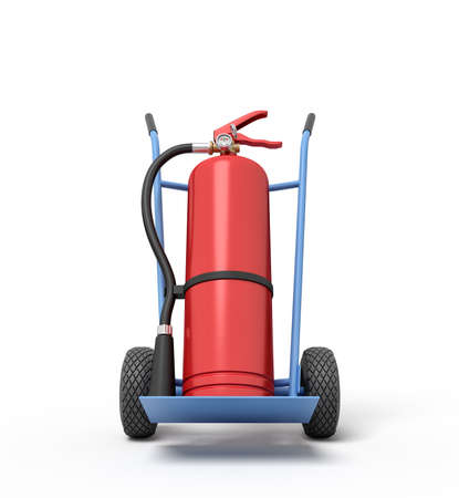 3d rendering of big red fire extinguisher on blue hand truckの写真素材