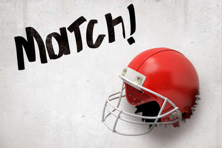 3d rendering of white wall with title 'Match' and red hockey helmet smashed into wall. Sports and games. Protective gear. Sports equipment.の写真素材