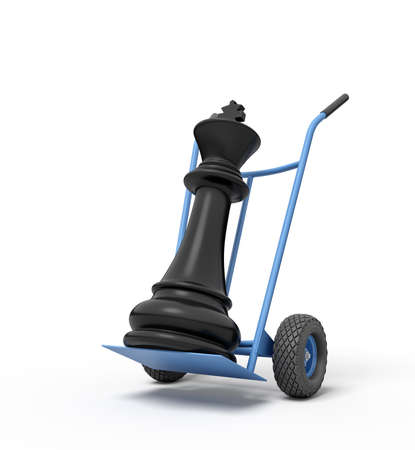 3d close-up rendering of black chess king on blue hand truck.の写真素材