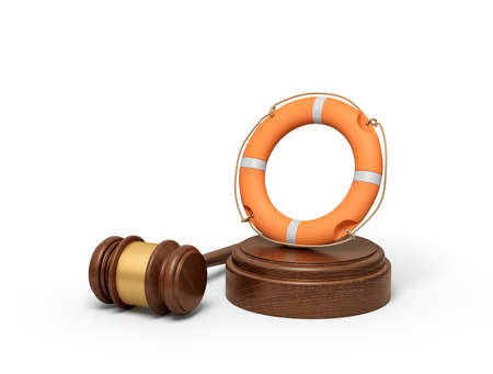 3d rendering of orange lifebuoy on sounding block with gavel lying beside.の写真素材