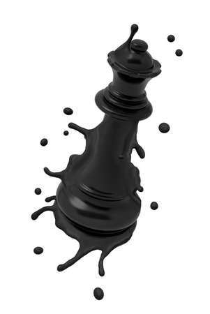 3d close-up rendering of black melting chess queen isolated on white background, splashing black drops around.の写真素材