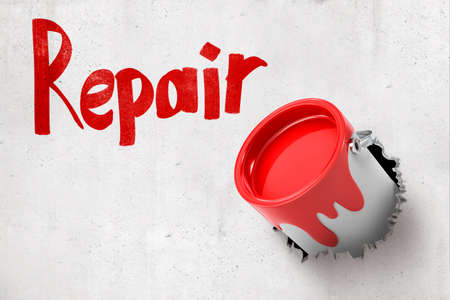 3d rendering of concrete wall with title Repair and bucket of red paint that has broken through from behind the wall and is stuck in hole.の写真素材