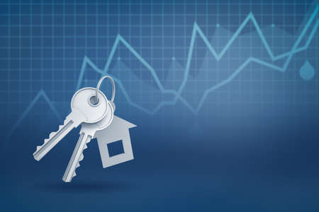 3d rendering of silver key and a house shape key fob on blue diagram backgroundの写真素材