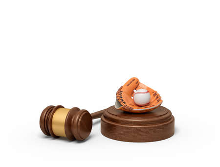 3d rendering of baseball and baseball glove lying on sounding block with judge gavel beside.の写真素材