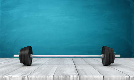 3d rendering of barbell lying on wooden floor near blue wall with copy space.の写真素材