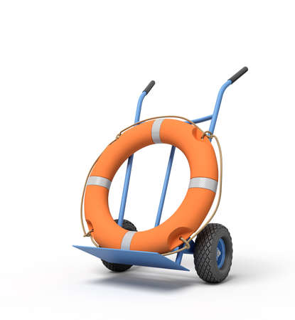 3d rendering of an orange boat lifebuoy on a hand truckの写真素材