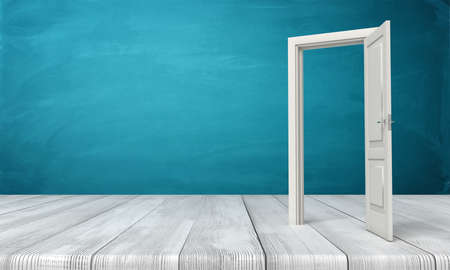 3d rendering of open white door standing on wooden floor near blue wall.の写真素材