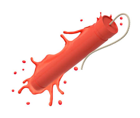 3d rendering of red TNT dynamite stick melting isolated on white backgroundの写真素材