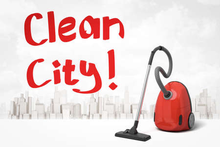 3d rendering of red vacuum cleaner and red title Clean City against white background with modern city skyline.の写真素材