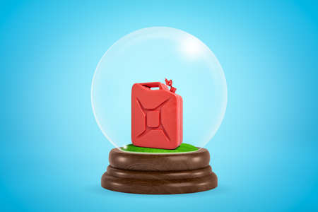 3d rendering of red jerrycan inside snow globe on light blue gradient background.の写真素材