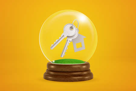 3d rendering of light gray metal keys with house-shaped key charm floating inside snow globe on amber background.の写真素材