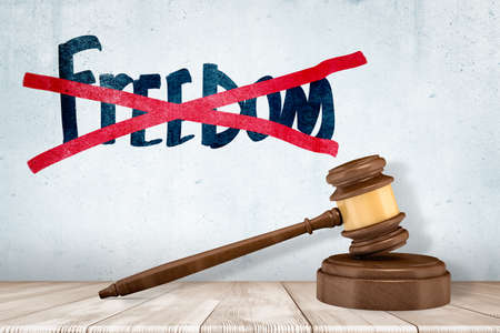 3d rendering of brown gavel lying on sound block near wall with strikethrough title FREEDOM.の写真素材