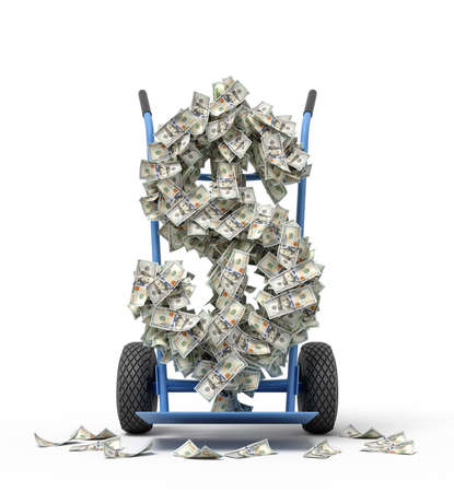 3d rendering of big dollar sign made of banknotes on a hand truckの写真素材