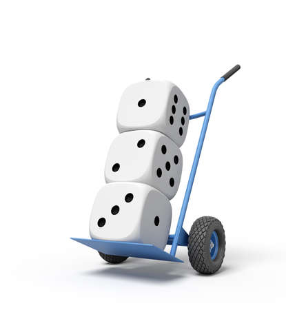 3d rendering of three white casino dice on a hand truckの写真素材