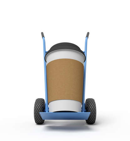3d close-up rendering of huge paper coffee cup on blue hand truck.の写真素材