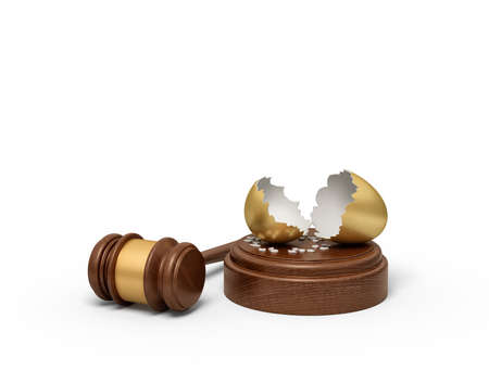 3d rendering of broken golden eggshell on round wooden block and brown wooden gavelの写真素材