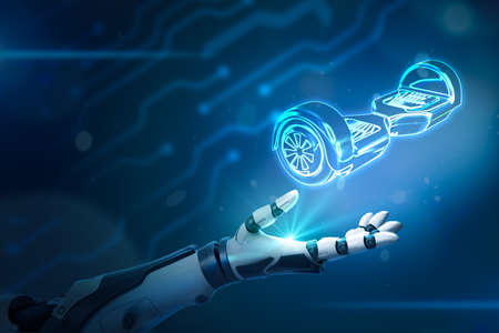 3d rendering of black and white android hand facing up as if levitating luminous hologram of gyroscooter on blue blurry bokeh background.の写真素材