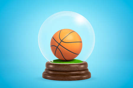 3d rendering of a basketball inside snow globe on light blue gradient background.の写真素材