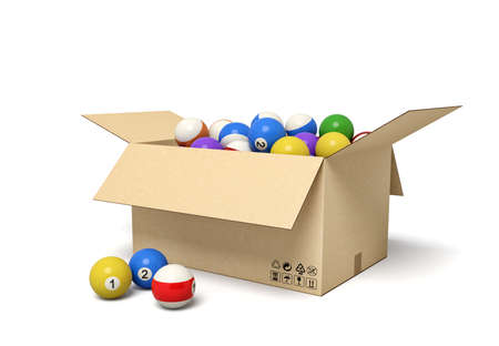 3d rendering of cardboard box full of colorful snooker balls. Sporting goods. Sports equipment. Snooker tournament.の写真素材