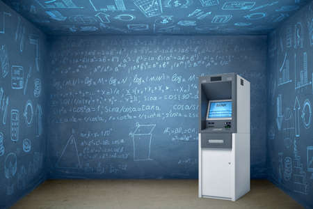 3d rendering of ATM in empty room with walls and ceiling all covered in math formulae.の写真素材