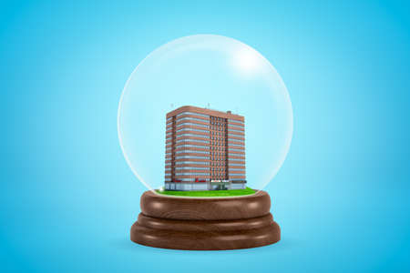 3d rendering of miniature brown multi-storey building inside snowglobe on light blue background.の写真素材