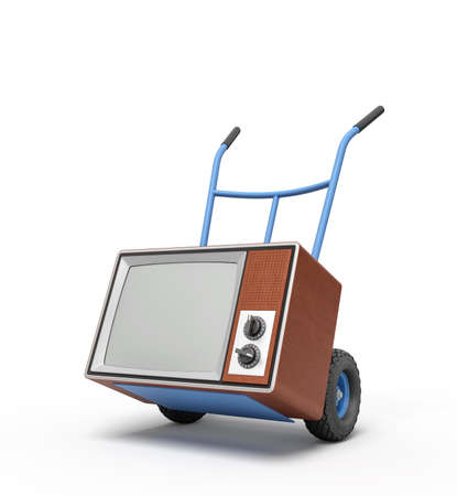 3d rendering of blue hand truck standing in half-turn with brown retro TV set on it.の写真素材