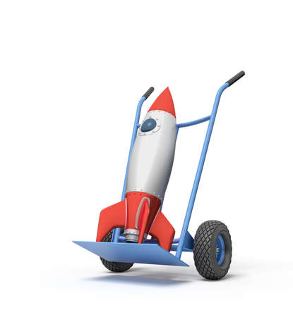 3d rendering of toy space rocket on blue hand truck. Toys and games. Rocket model building. Hobbies and leisure.の写真素材