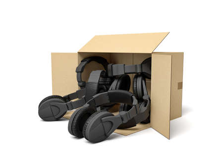3d rendering of open cardboard box lying sidelong with black headphones inside.の写真素材