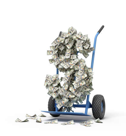 3d rendering of big dollar sign made of banknotes on a hand truckの写真素材