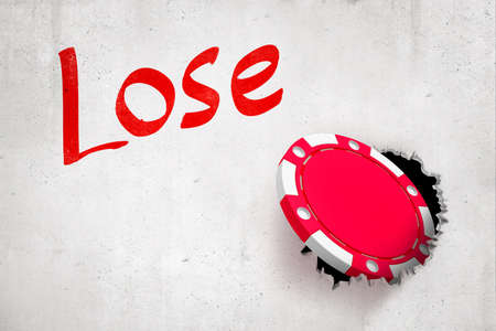3d close-up rendering of white wall with title Lose, hole and red casino chip in this hole.の写真素材