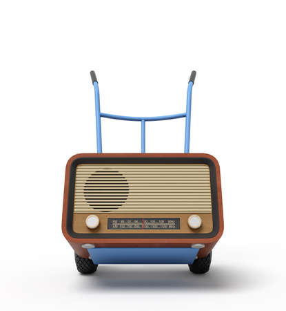 3d rendering of blue hand truck standing in half-turn with brown retro radio set on it.の写真素材