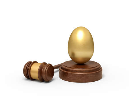 3d rendering of golden egg on round wooden block and brown wooden gavel. Digital art. Banking and financial industry. Management and savings.の写真素材