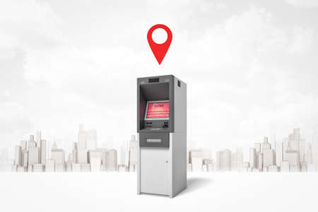 3d rendering of ATM with red screen, standing against background of gray and white modern city, with red geotag in air above ATM. City navigation. Withdrawal of money. Big shopping trips.