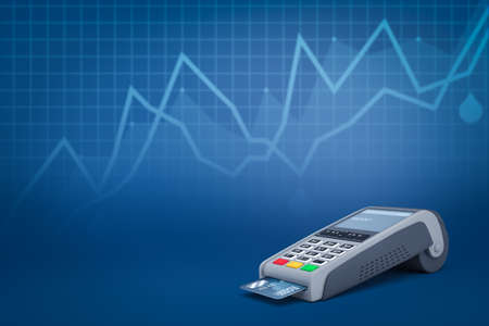 3d rendering of point-of-sale terminal with inserted card on blue background with line graphs and copy space. Business and finance. Retail customer service. Business electronics.の写真素材
