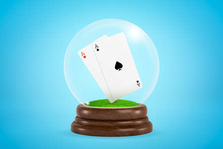 3d rendering of ace of hearts and ace of spades floating inside glass ball globe on blue background.の写真素材
