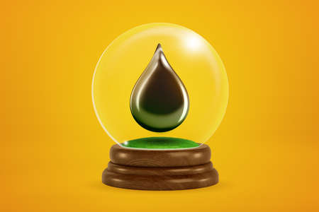 3d rendering of drop of black liquid inside snow globe on amber background.の写真素材