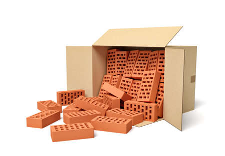 3d rendering of cardboard box lying sidelong full of new brown perforated bricks. Construction materials. New supplies. Building materials manufacturer.の写真素材
